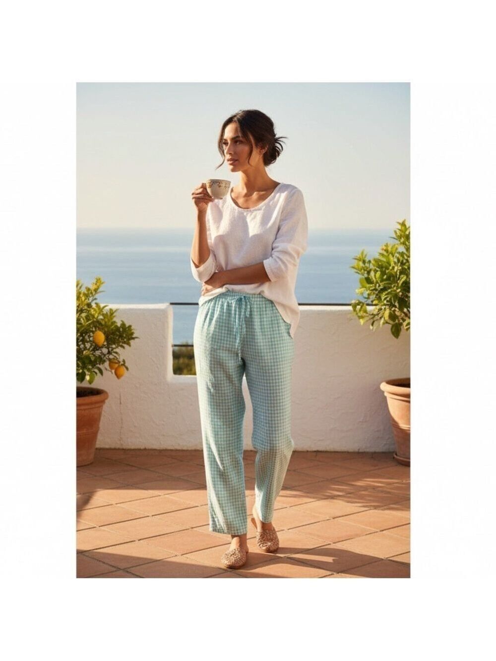 Planet Sleep Womans Blue green white Check Cotton Pajama Pants Medium